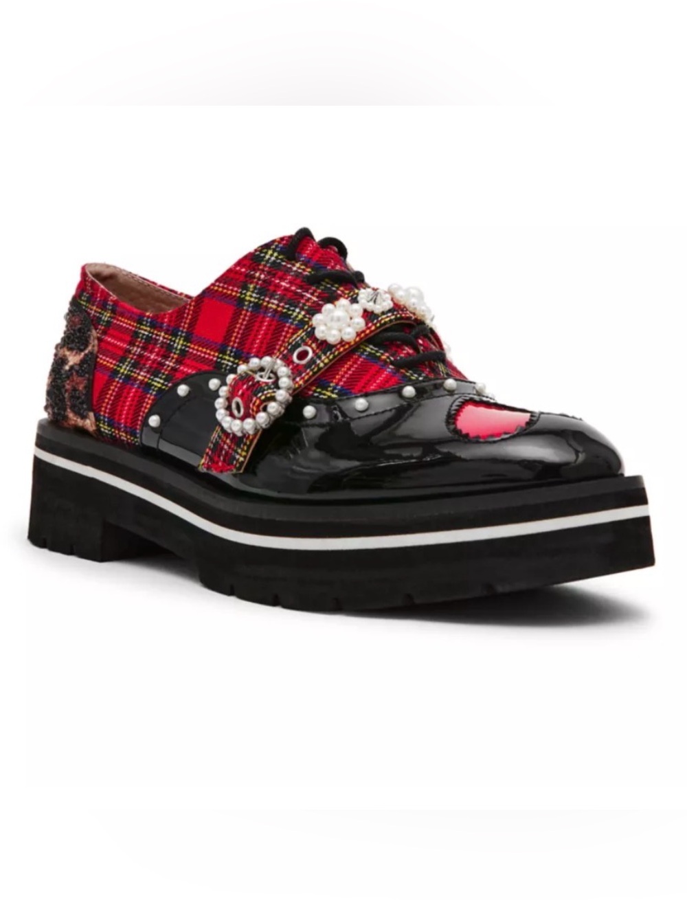 Betsey Johnson Simonee - Red Plaid Patent Oxford Loafers - 10